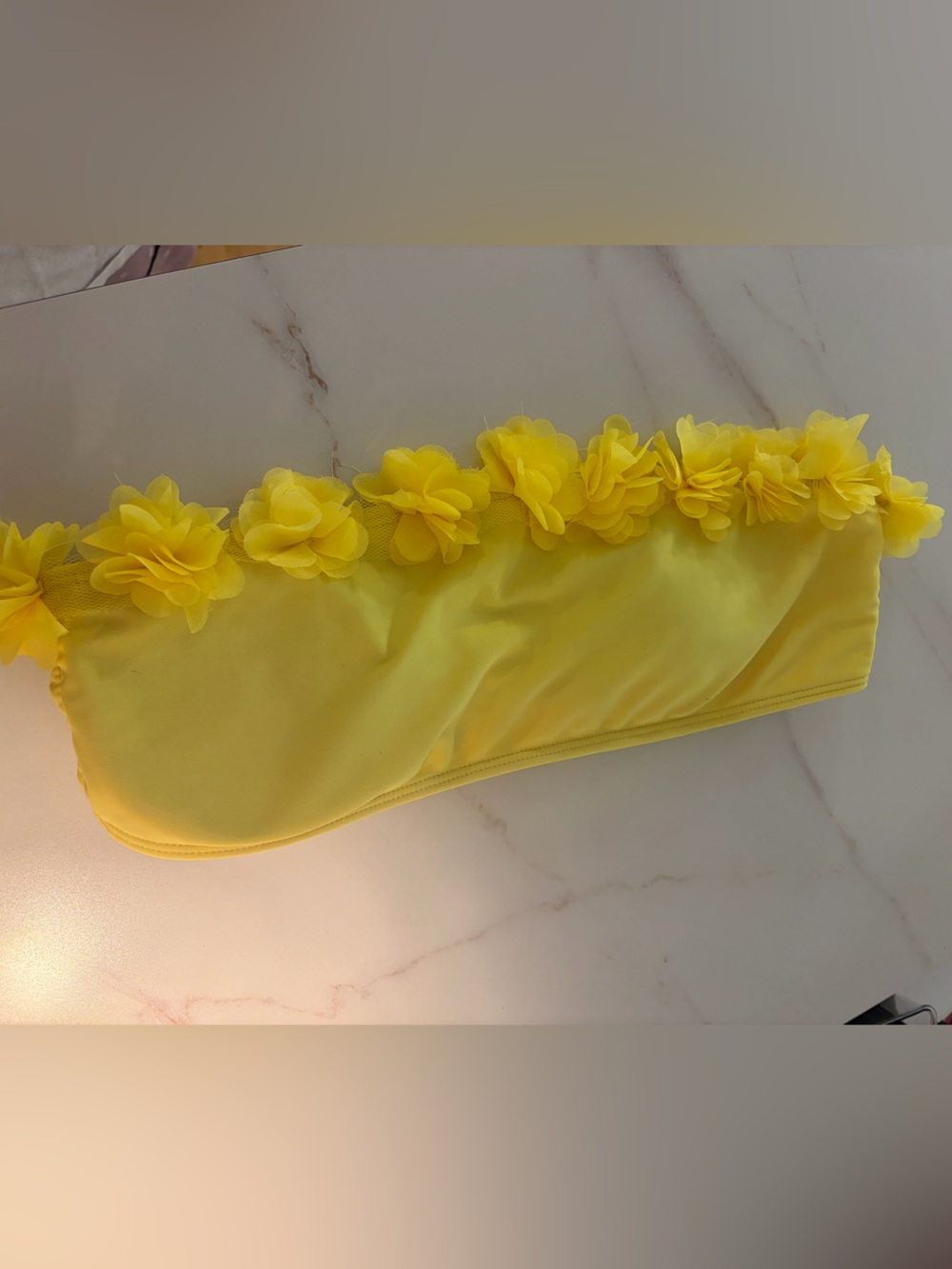 Yellow Floral Trim Bikini Top Bandeau Style Strapless Bikini Bathing Suit Top